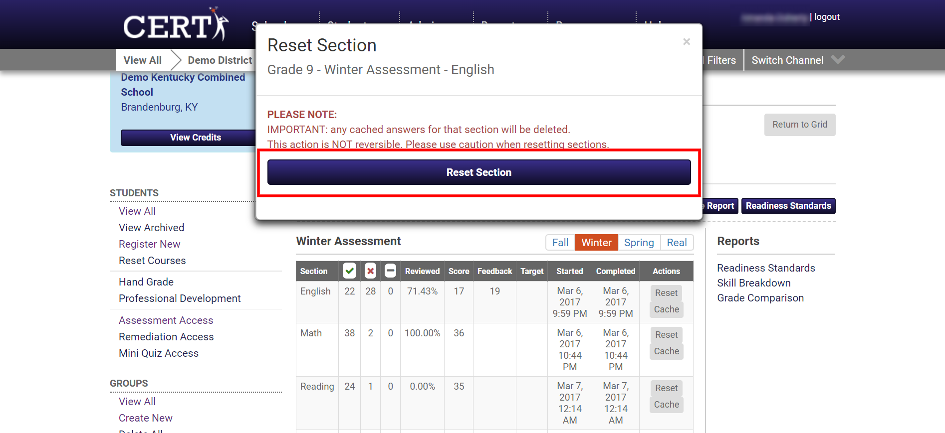 How to Reset a Section of an Assessment